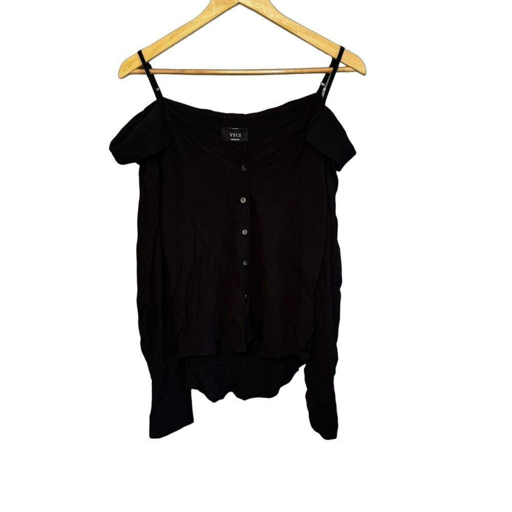 VICI Women Off Shoulder Black Blouse Long Sleeve Medium Cold Shoulder Shirt - Picture 3 of 11